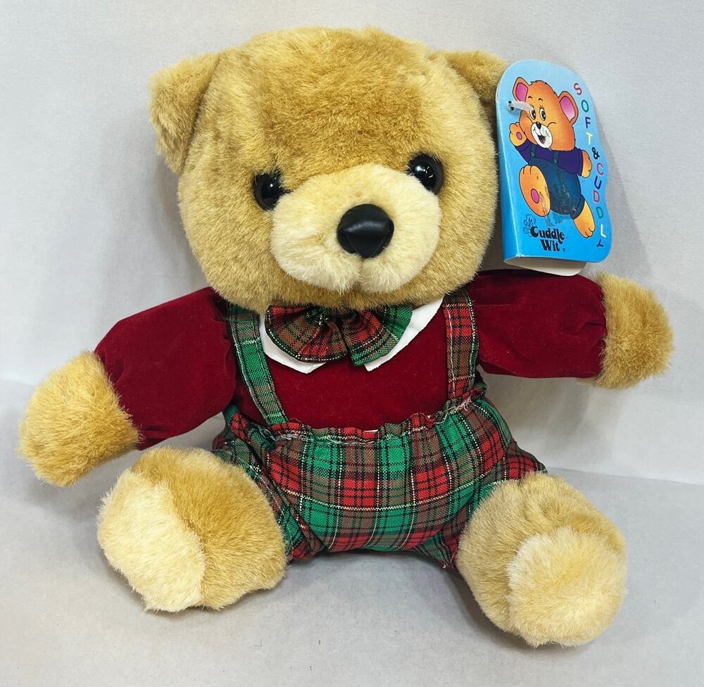 Christmas Teddy Bear Plush VTG Cuddle Wit Red Velvet Shirt Plaid Overalls 6.5"